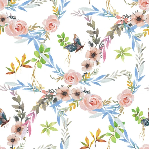 Aquarellmalerei Von Blatt Und Blumen Nahtloses Muster Auf Weißem Hintergrund — Stockfoto