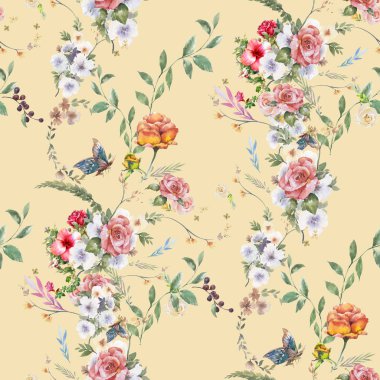 Yaprak ve çiçeklerin suluboya resmi, kusursuz desen