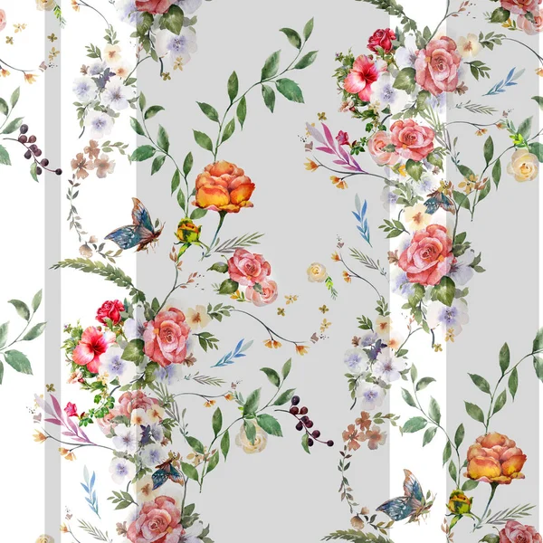 Suluboya resim Dikişsiz desen gri arka plan üzerinde yaprak ve çiçek,