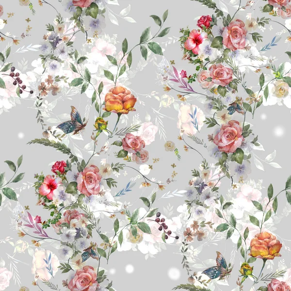 Watercolor Painting Leaf Flowers Seamless Pattern Gray Background — Stock Photo, Image