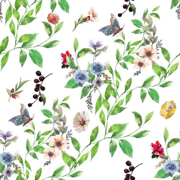 Watercolor painting of leaf and flowers, seamless pattern on white background