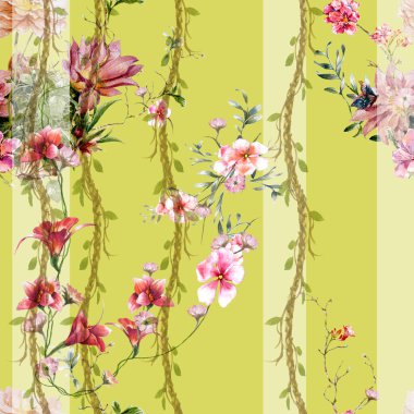 Yaprak ve çiçeklerin suluboya resmi, kusursuz desen 