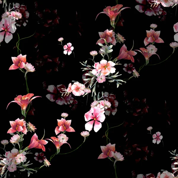 Υδατογραφία Των Φύλλων Και Των Λουλουδιών Αδιάλειπτη Μοτίβο Σκούρο Φόντο — Φωτογραφία Αρχείου