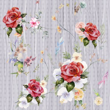 Suluboya resim Dikişsiz desen gri arka plan üzerinde yaprak ve çiçek,