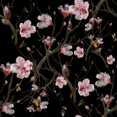 Yaprak ve çiçeklerin suluboya resmi, koyu arkaplanda pürüzsüz desen