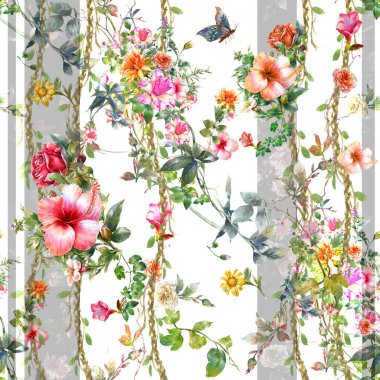 Yaprak ve çiçeklerin suluboya resmi, beyaz arkaplanda pürüzsüz desen