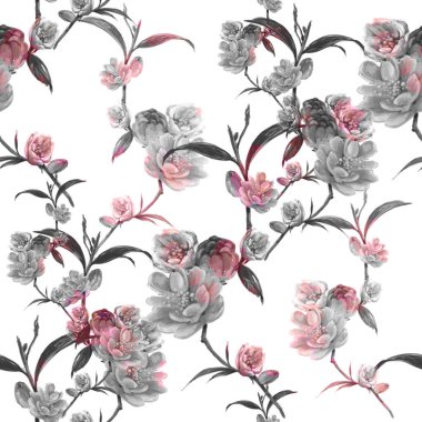 Yaprak ve çiçeklerin suluboya resmi, beyaz arkaplanda pürüzsüz desen