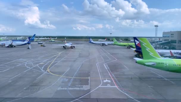 Москва, Росія - 21 липня 2020: Сцена на злітно-посадковій смузі аеропорту Домодєдово. Багато літаків різних авіакомпаній стоять на своїх сидіннях, автобуси перевозять пасажирів, люди відображаються у вікні.. — стокове відео