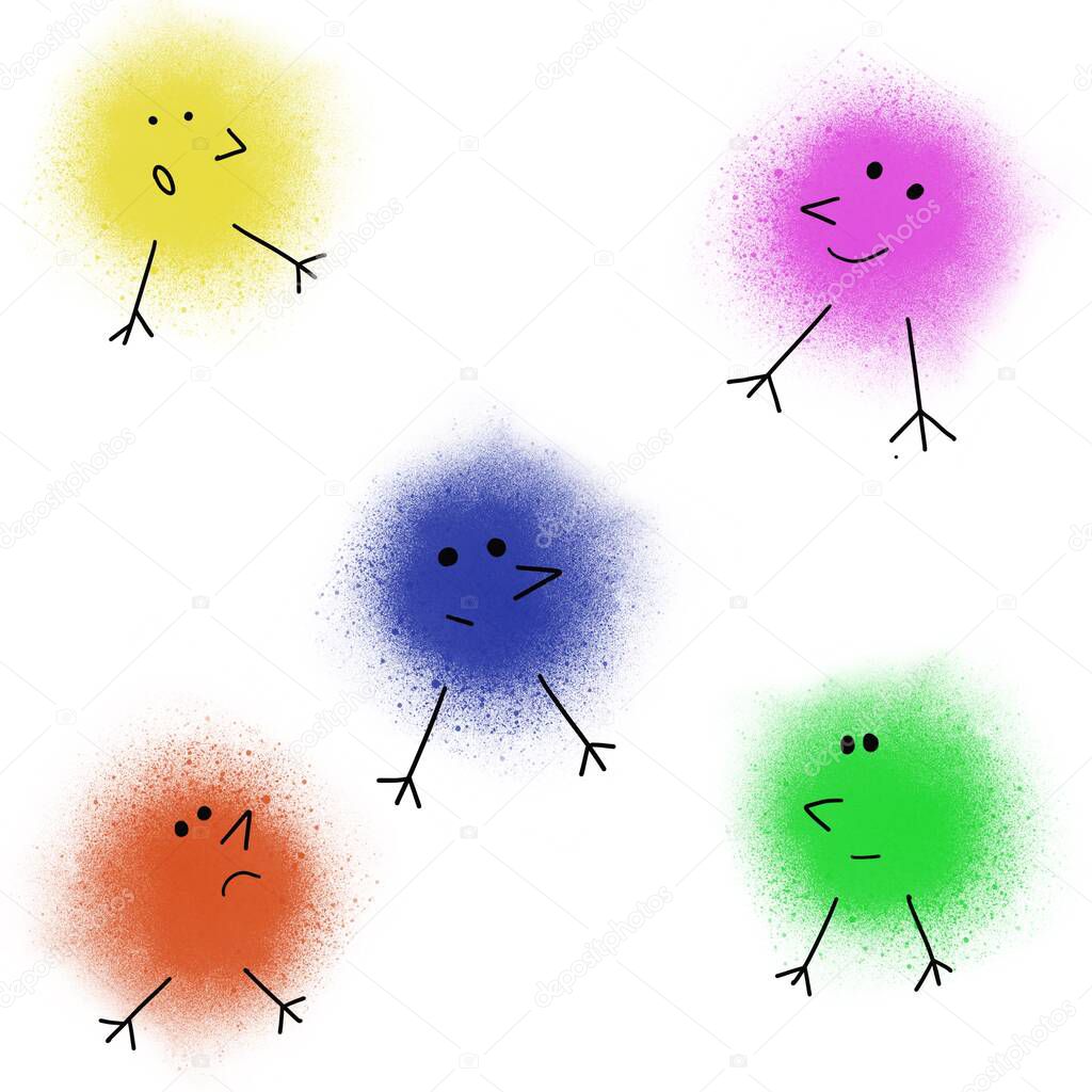 Digital illustration of a set of multicolored blots applied from spray gun, looking like strange birds or monsters with legs, beaks, eyes and faces that express different emotions.