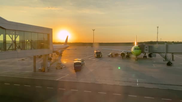 Rostov, Rusko - 21. července 2020: Pracovníci údržby obsluhují a připravují se na let letadel, která přistávají s letištní terminálovou bránou u nástupního mostu pro cestující. Krásný západ slunce nebo východ slunce — Stock video