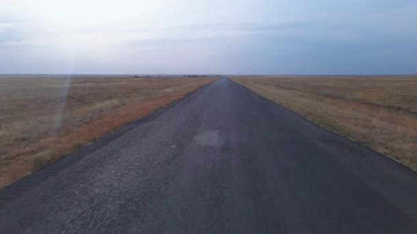 Tirer sur un drone volant rapidement sur une route déserte au milieu de champs agricoles avec des cultures récoltées dans le village. Voyage à travers des territoires sauvages abandonnés — Video