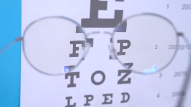 L'ophtalmologiste sélectionne les bonnes lunettes pour que le patient puisse corriger sa vision. Visualisez à travers des lentilles de verre sur un graphique lointain avec alphabet pour un test oculaire. Examens diagnostiques médicaux réguliers — Video