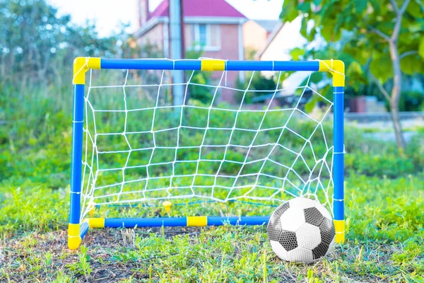 Los niños portátiles gol con red y pelota de fútbol para jugar al fútbol en el campo. Actividades activas y deportivas para niños en la calle en temporada cálida. Equipamiento deportivo sobre hierba. — Foto de Stock