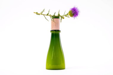 Yeşil cam şişe doğal kozmetik ürünü ahşap kaplama ile kaplanmış beyaz zemin üzerine taze burdock çiçeği, gövde üzerinde burr, ön görünüm, reklam için kopyalama alanı