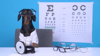 Doktor kostümlü, görüş düzeltmesi için gözlüklü komik dachshund köpek göz doktoru, masaüstünde profesyonel ekipman, arka planda göz testi için harfleri olan posterler..