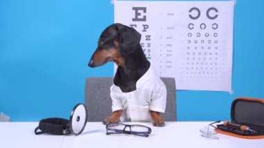 Doktor kostümlü, görüş düzeltmesi için gözlüklü komik dachshund köpek göz doktoru, masaüstünde profesyonel ekipman, arka planda göz testi için harfleri olan posterler..