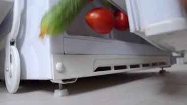 Buzdolabının kapısı açılır, taze olgun domatesler ve salatalıklar yere dökülür, yaklaşın, yavaş çekimde. Kış için erzak hazırlığı. Sebze deposu