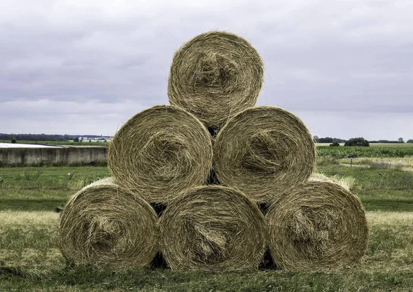 Apilado Como Una Pirámide Balas Amarillas Redondas Paja Clima Nublado —  Fotos de Stock