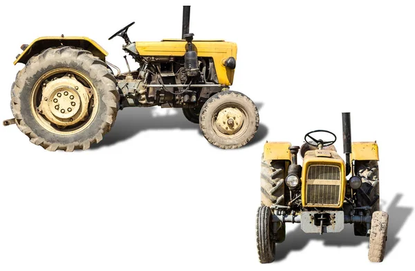Старий Трактор Вироблений Роках Століття Дві Ізольовані Фотографії Вид Спереду — стокове фото