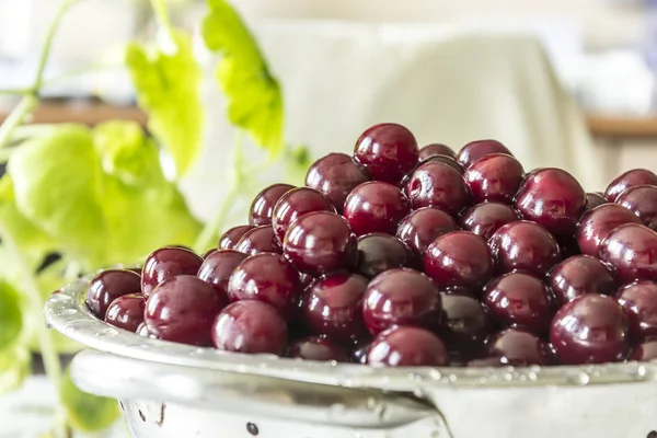 Cozinhar Cereja Jam Lavado Bagas Vermelhas Escuras Escorredor Fundo Folhas — Fotografia de Stock