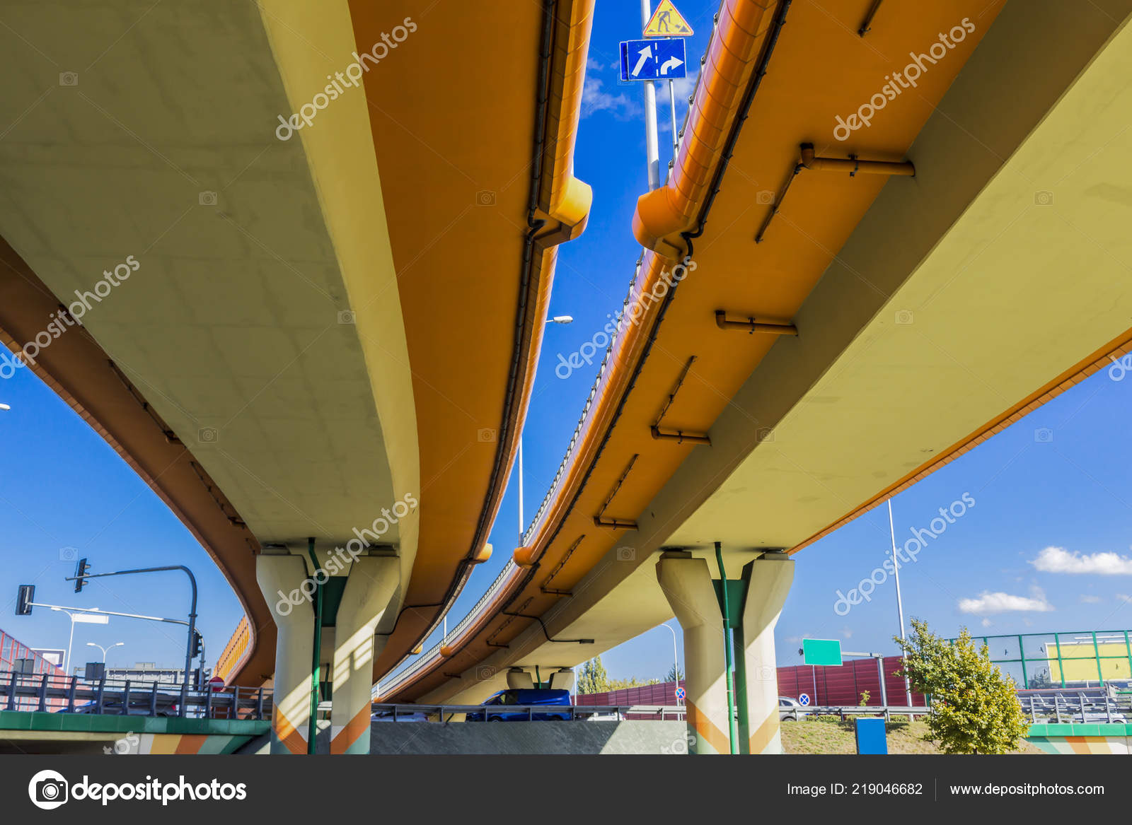 Highway Overpasses Colored Concrete Columns Sound Absorbing Screens Highway Overpasses Colored Concrete Columns Sound Absorbing Screens Metal Frames Stock Photo