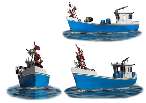 Baltık Sea.The tekne ile mavi plastik kasa ve beyaz kabin. Üç wiews. İzole fotoğraf. Site balıkçılar, gemi inşa, sanayii, romantizm hakkında.