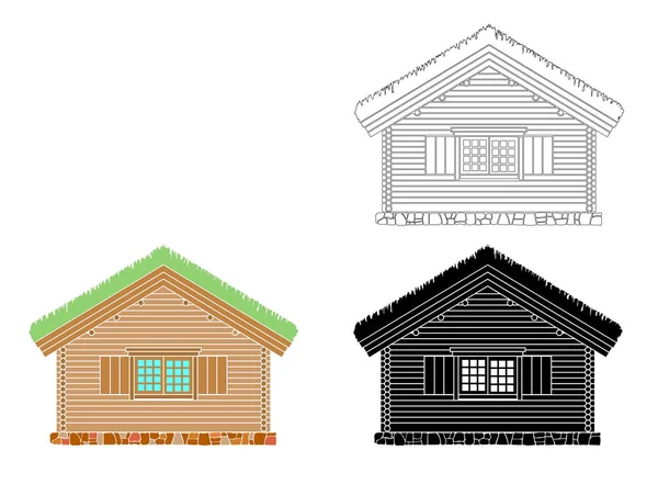 Casa Tradicional Norueguesa Troncos Redondos Telhado Está Coberto Verde Ilustração —  Vetores de Stock