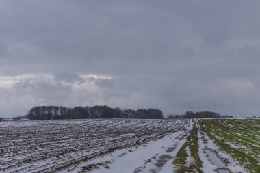 Tarıma elverişli arazi ve çayır arasında ülke yolda bazı kar var. Yolda su birikintileri. Orman içinde belgili tanımlık geçmiş. Kış başında Avrupa'da.