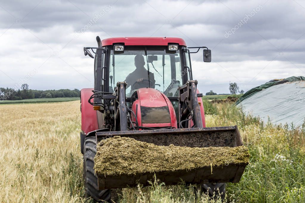 Tractor with front end universal loader scored feed for cows. Front view of an agricultural machine. Necessary equipment for a dairy farm.