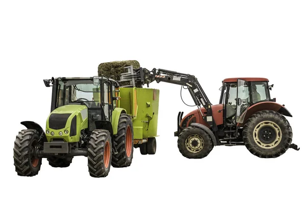 Tracteur Avec Chargeuse Charge Une Balle Ensilage Dans Distributeur Fourrages — Photo