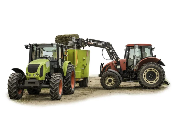 Tracteur Avec Chargeuse Charge Une Balle Ensilage Dans Distributeur Fourrages — Photo