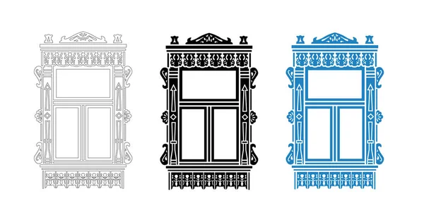 Détail Maison Traditionnelle Russe Bois Plateau Fenêtre Sculpté Illustration Vectorielle — Image vectorielle
