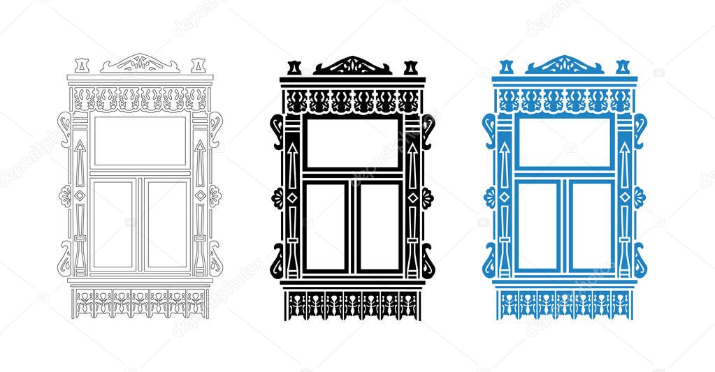 Detail of Russian traditional wooden house. Carved window platband. Vector illustration. Black, black and white, colored silhouette.