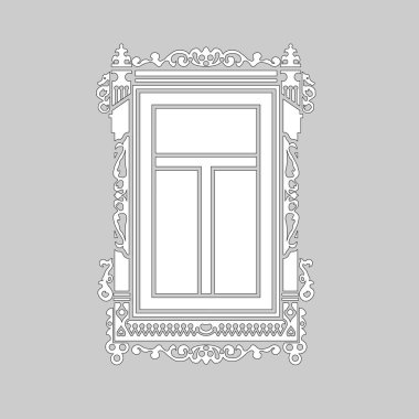 Eski Rus ahşap ev detayını. Oyulmuş pencere platband. Vektör çizim. Siyah ve beyaz siluet.
