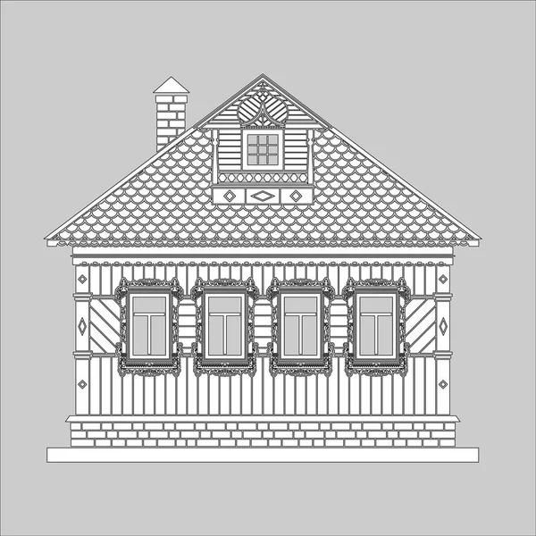 俄罗斯传统的两层木结构房屋 窗户和细节都装饰有雕刻 向量例证 黑色和白色剪影 — 图库矢量图片
