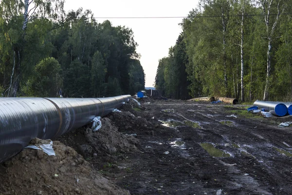Gázvezeték Újjáépítése Cserélni Régi Rozsdás Csöveket Újakkal Taiga Mint Háttérben — Stock Fotó