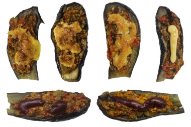 Mayonez, peynir ve ketçap ile altı pişmiş patlıcan dolması. Türk ve Balkan mutfağı. Beyaz arka plan üzerinde yalıtılmış görüntü.