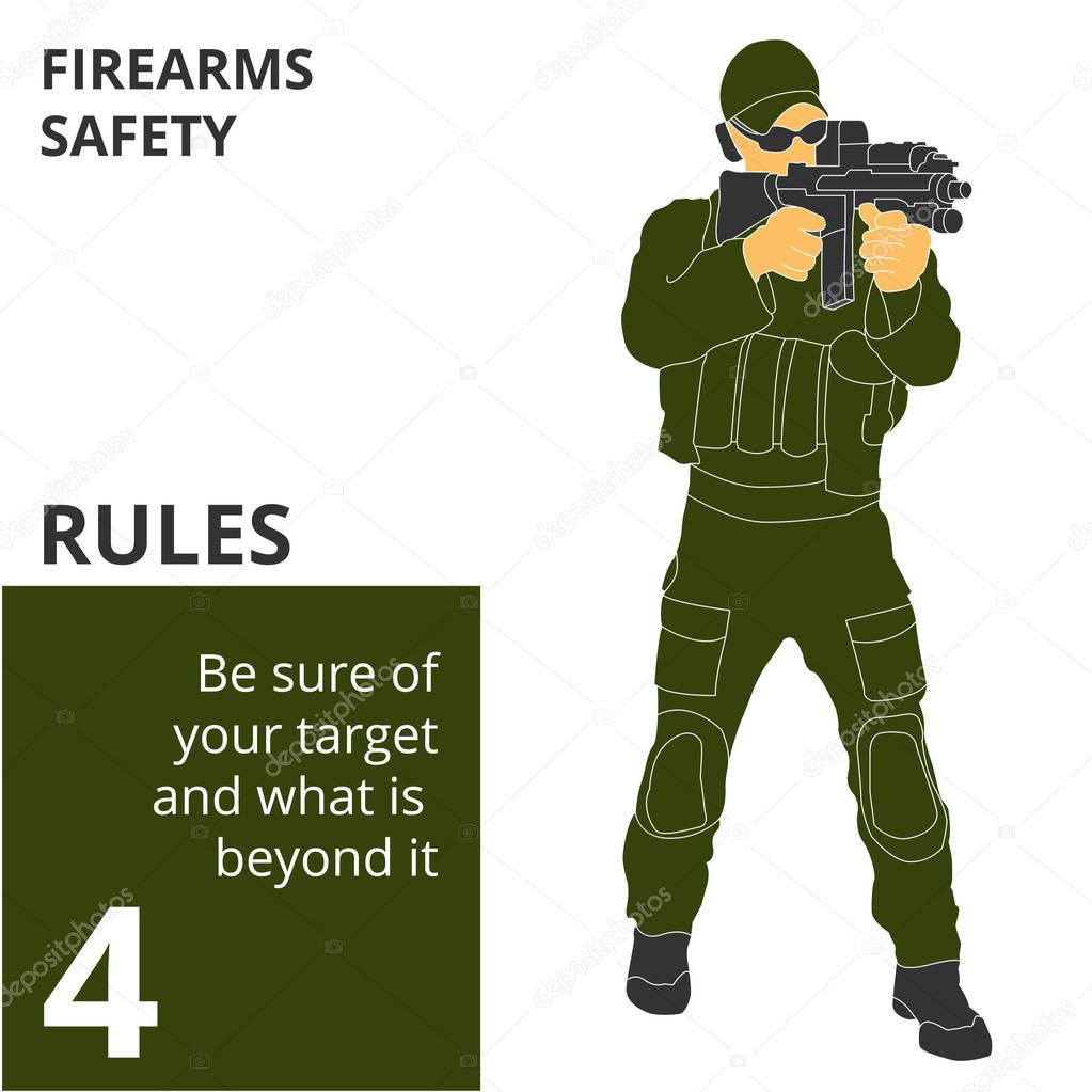 Vector illustration firearm shooting safety rules and signs. Will be perfect for logo, banner, poster, postcard.