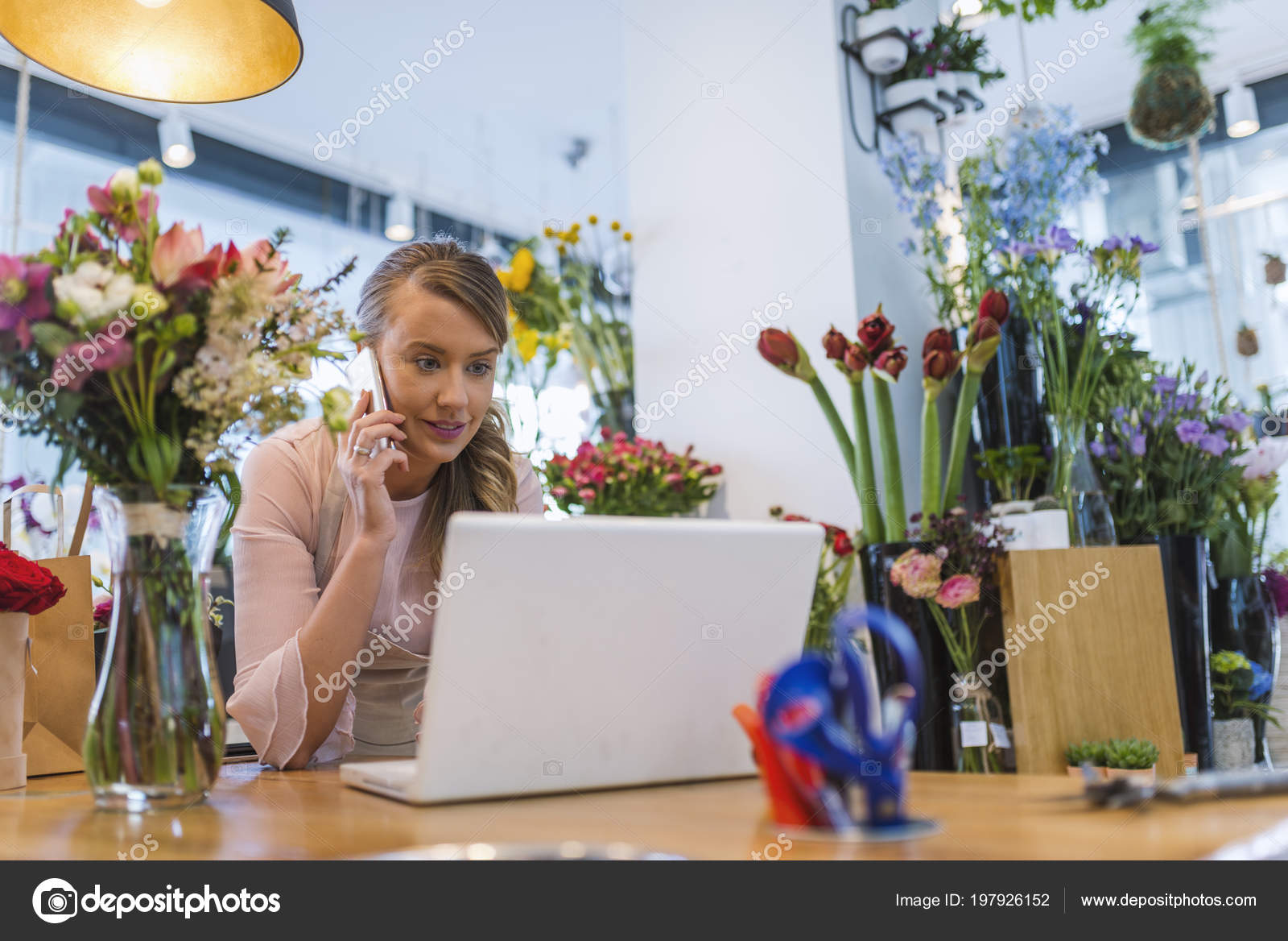 Happy Florist Using Technologies Flower 