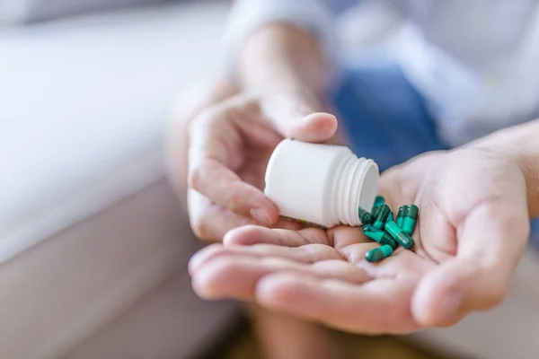 Senior Man Taking Pills Closeup Many Pills Glass Bottle Senior — Stock Photo, Image