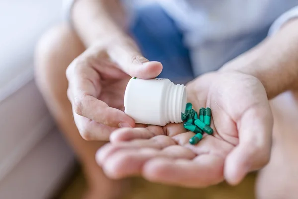 Closeup Man Hands Pills Healthcare Medical Concept Man Taking Pills — Stock Photo, Image