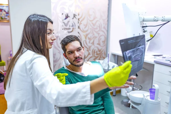 Odontóloga Mostrando Paciente Imagen Rayos Consultorio Dental —  Fotos de Stock