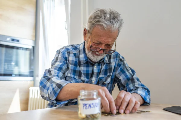 Senior Man Holding Glass Jam Jar Full Banknotes Saving Pension — Stock Photo, Image