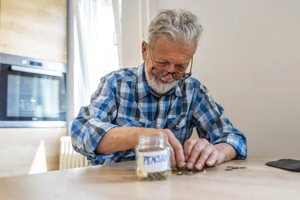 Senior Man Holding Glass Jam Jar Full Banknotes Saving Pension — Stock Photo, Image