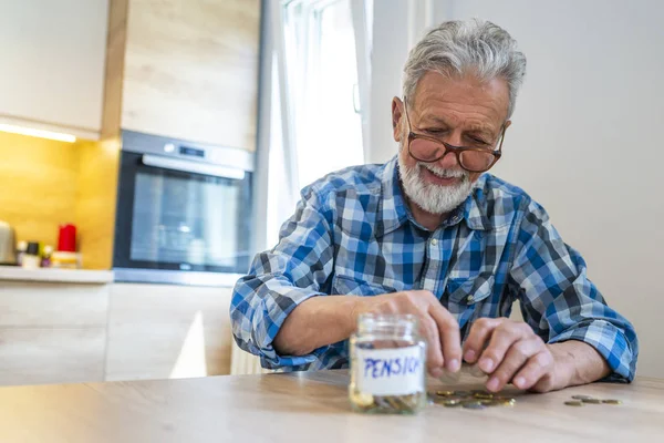 Retirement Savings Responsible Investing Senior Man Putting Money Glass Jar — Stock Photo, Image