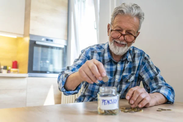 Retirement Savings Responsible Investing Senior Man Putting Money Glass Jar — Stock Photo, Image