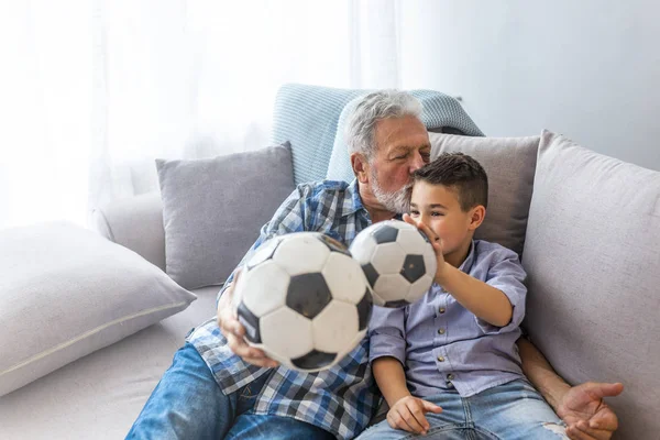 Excited Grandchild Senior Man Watching Football Match Overjoyed Grandfather Kid — Stock Photo, Image