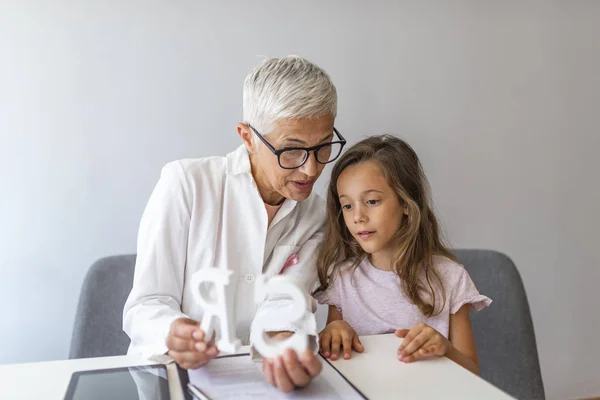 Cute Little Girl Speech Therapist Office Mature Female Private Tutor — Stock Photo, Image