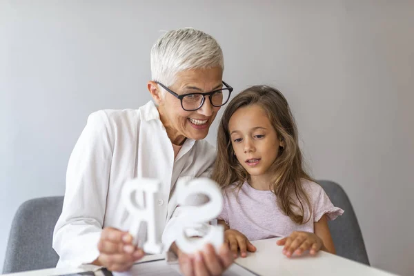 Cute Little Girl Speech Therapist Office Mature Female Private Tutor — Stock Photo, Image