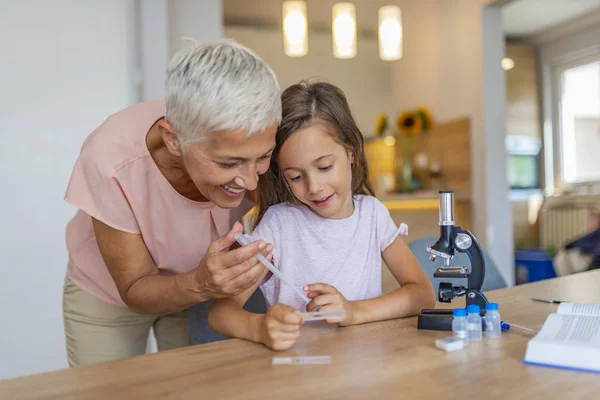 Doing Chemical Experiment Grandmother Child Her Granny Preparation Scientific Experiment — Stock Photo, Image